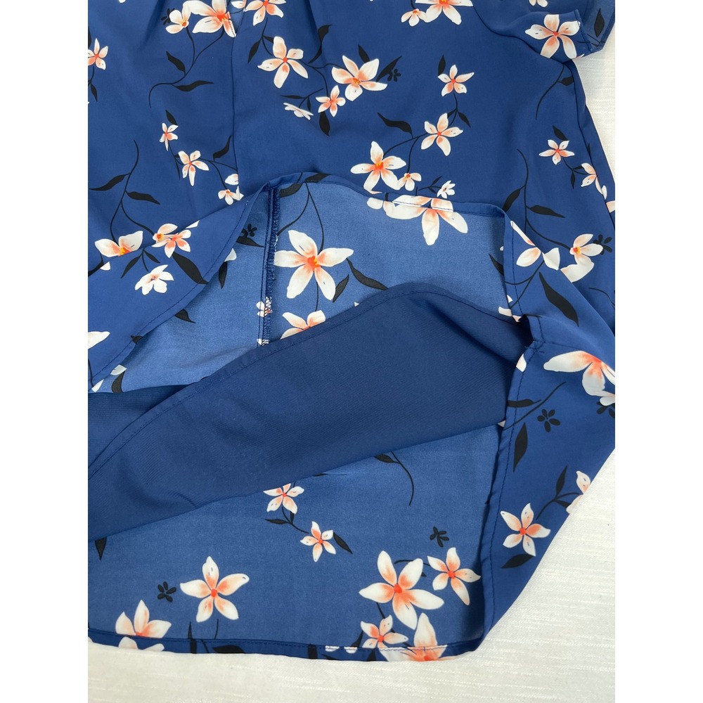 41 Hawthorn Blue Floral Keyhole Pleated Blouse Short Tulip Sleeve Top Large - Picture 10 of 12